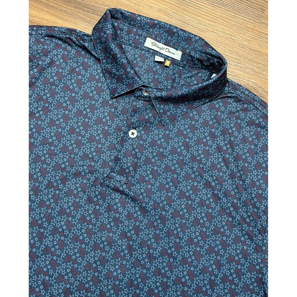 Straight Down Mens Blue Red Stars USA AOP Performance UPF 50 Polo Shirt Sz XL